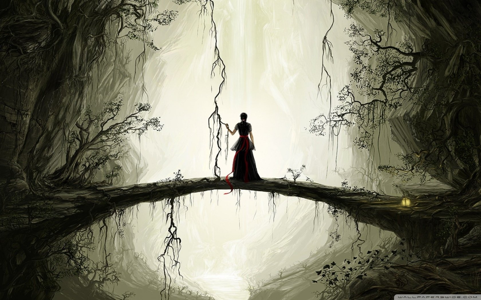 A silhouette of a figure in a flowing red dress stands on a bridge, surrounded by a mystical forest, illuminated by a soft light, creating an enchanting atmosphere in this artistic HD wallpaper.