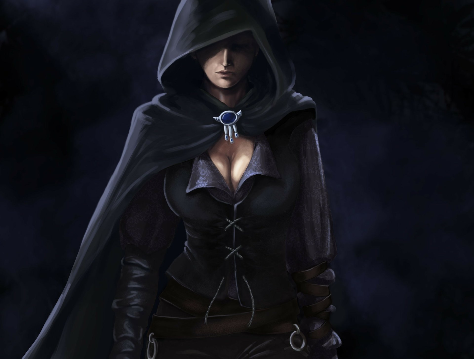 HD fantasy PC desktop wallpaper featuring a mysterious woman in a dark hooded cloak, set against a shadowy background.