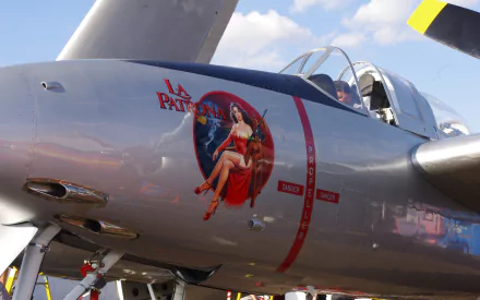 Nose art featuring a pin-up girl adorns the side of a military aircraft, capturing the bold spirit of aviation history. High-definition wallpaper showcasing this unique design.
