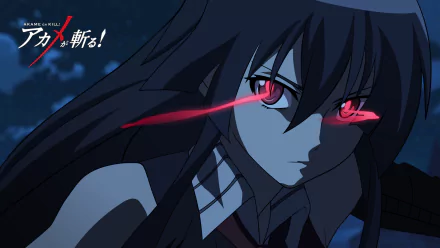 HD wallpaper featuring Akame from Akame Ga Kill!, showcasing her striking black hair and fierce red eyes, set against a dramatic background.