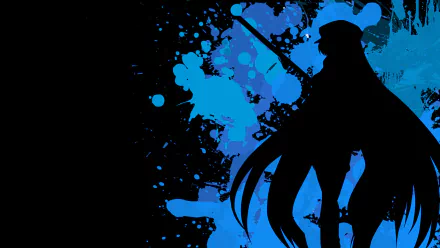 Silhouette of Esdeath from Akame ga Kill! against a vibrant blue splatter background, designed as an HD PC desktop wallpaper and background for anime fans.