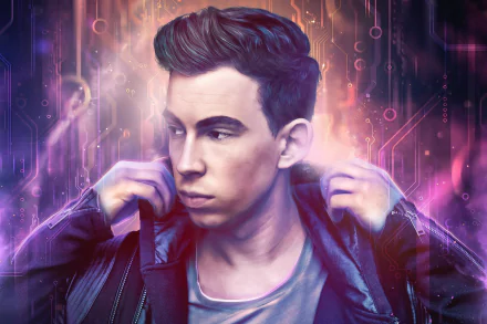 HD desktop wallpaper featuring music artist Hardwell, set against a vibrant background with electronic elements and glowing colors.