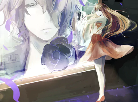 A vibrant HD wallpaper from the video game Ib (2012), featuring a girl in a flowing dress with long hair, standing before a mysterious, ghostly figure and a dark rose.