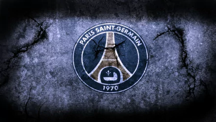 HD desktop wallpaper featuring the Paris Saint-Germain F.C. logo on a textured, cracked surface, showcasing the club's iconic branding and sports heritage.