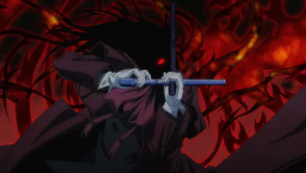 Alucard from Hellsing stands menacingly wielding a weapon, surrounded by a dramatic, fiery background, perfect for an HD PC desktop wallpaper featuring anime.