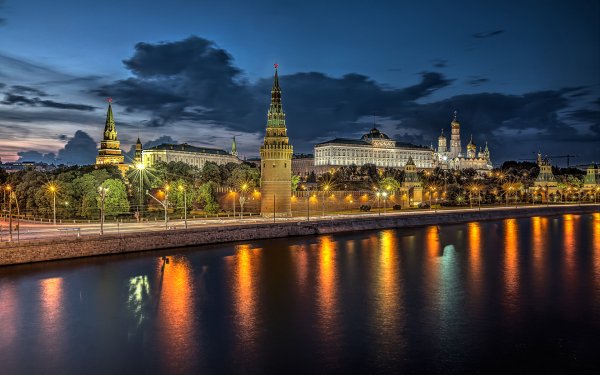 Man Made Moscow Cities Russia River Cloud Sky Light Kremlin HD Wallpaper | Background Image
