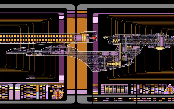 Detailed blueprint of a starship, featuring vibrant colors and intricate designs, set against a sleek black background. A mesmerizing HD wallpaper for Sci-Fi and Star Trek enthusiasts.