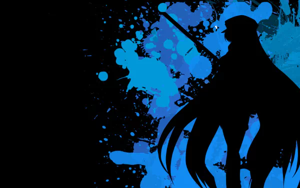 Silhouette of Esdeath from Akame ga Kill! against a vibrant blue splatter background, designed as an HD PC desktop wallpaper and background for anime fans.