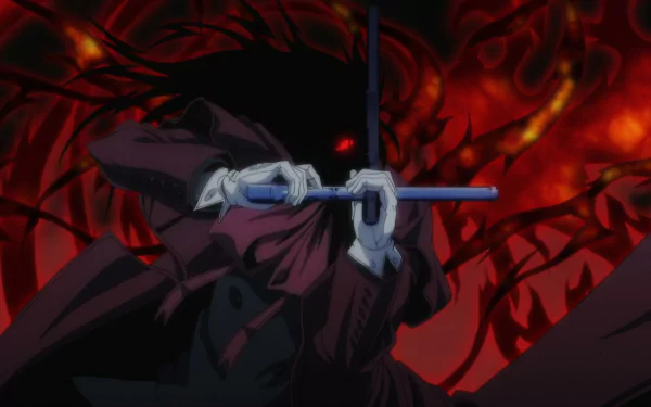 HD anime desktop wallpaper featuring Alucard from Hellsing, with dark, fiery red tones highlighting his iconic long coat and glowing red eyes.