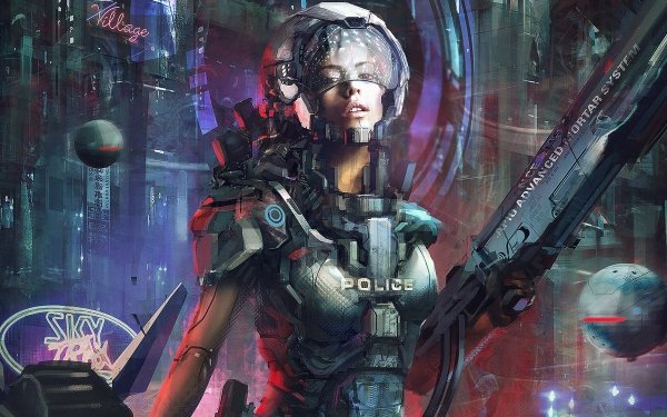 Sci Fi Women Warrior Police Armor Cityscape Robot HD Wallpaper | Background Image