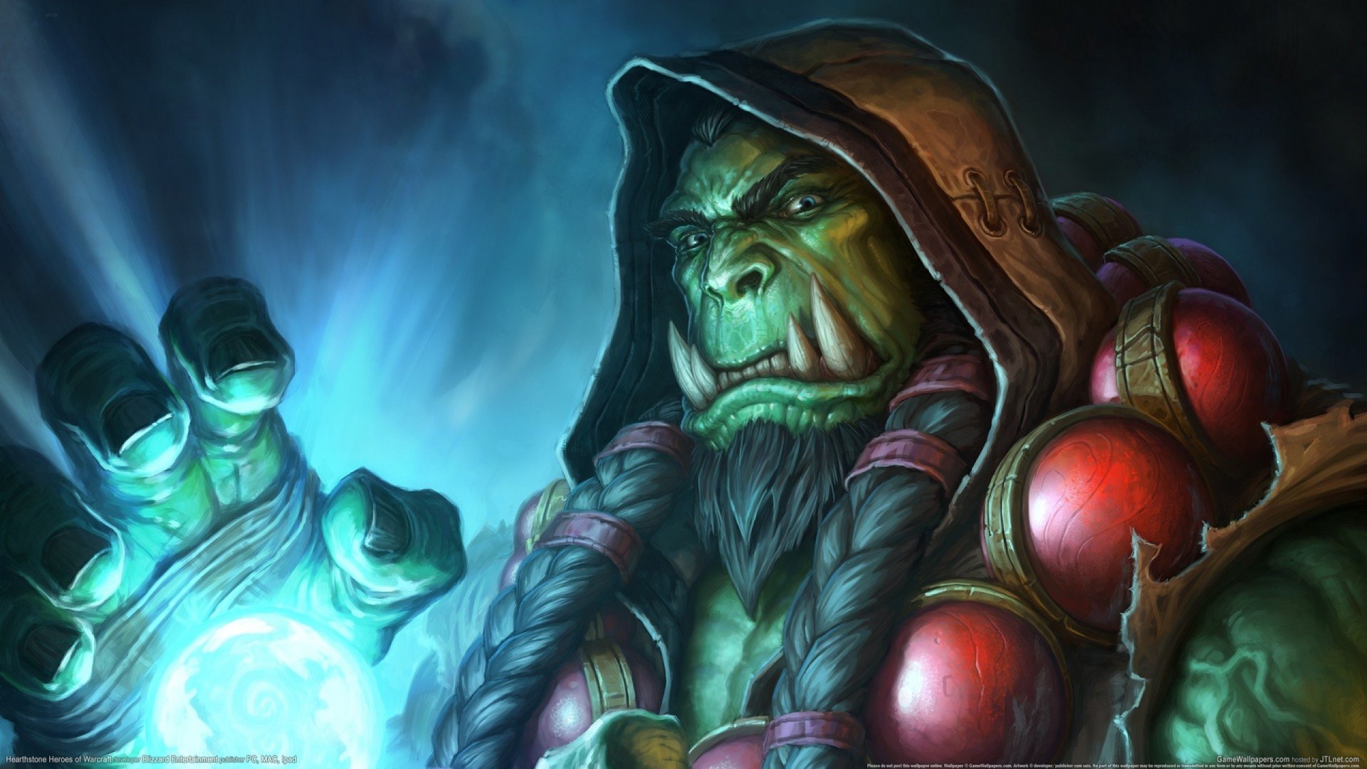 A striking HD wallpaper from Hearthstone: Heroes of Warcraft, featuring a powerful orc casting a mystical spell, illuminated by a glowing orb in a dramatic atmosphere.