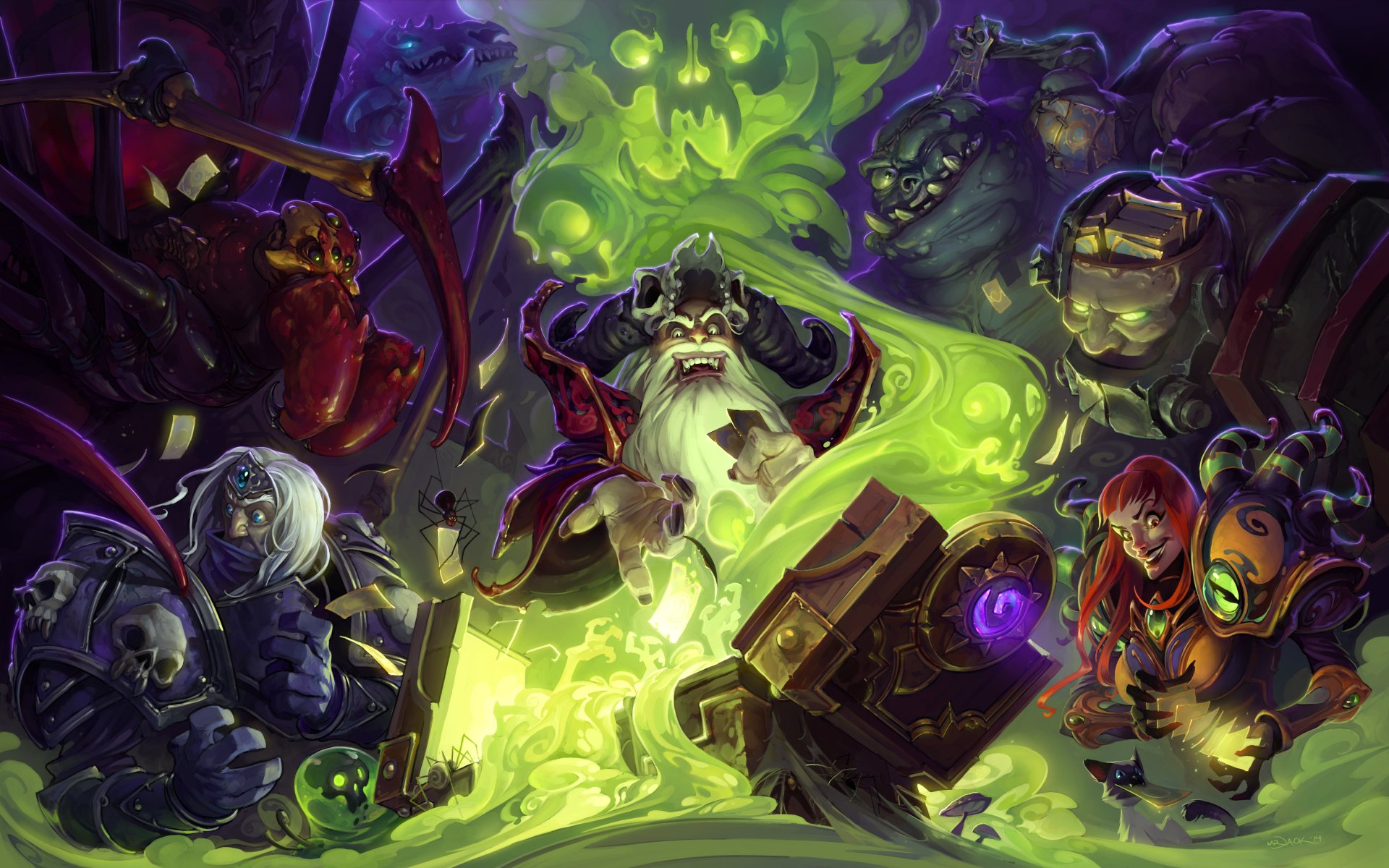A vibrant 8K Ultra HD wallpaper featuring characters from Hearthstone: Heroes of Warcraft, surrounded by a mystical, glowing green aura and dark, ominous backgrounds.
