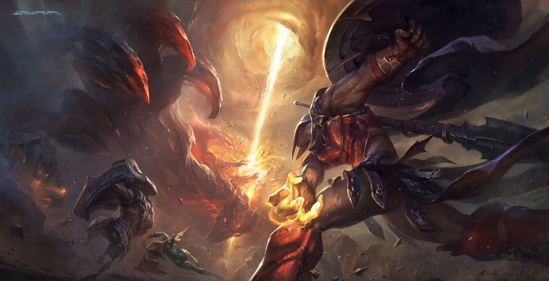 A dynamic HD desktop wallpaper featuring Maokai, Vayne, Braum, and Pantheon from League of Legends, engaged in an intense battle surrounded by dramatic lighting and effects.