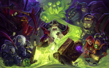 A vibrant 8K Ultra HD wallpaper featuring characters from Hearthstone: Heroes of Warcraft, surrounded by a mystical, glowing green aura and dark, ominous backgrounds.