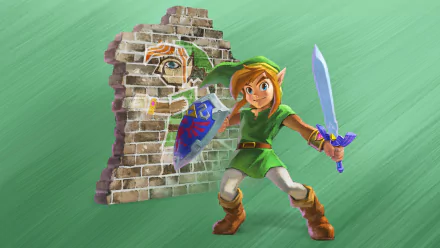 HD wallpaper featuring Link from The Legend of Zelda: A Link Between Worlds, posing with a sword and shield against a green backdrop.