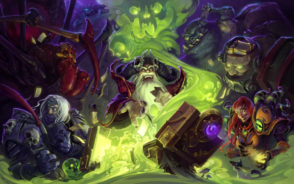 A vibrant 8K Ultra HD wallpaper featuring characters from Hearthstone: Heroes of Warcraft, surrounded by a mystical, glowing green aura and dark, ominous backgrounds.