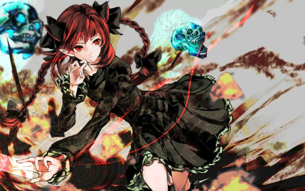 A vibrant HD wallpaper featuring Rin Kaenbyou from Touhou, characterized by her striking red hair, black dress, and eerie skulls in the background, capturing a dynamic anime scene.