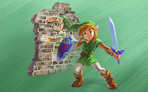 HD wallpaper featuring Link from The Legend of Zelda: A Link Between Worlds, posing with a sword and shield against a green backdrop.