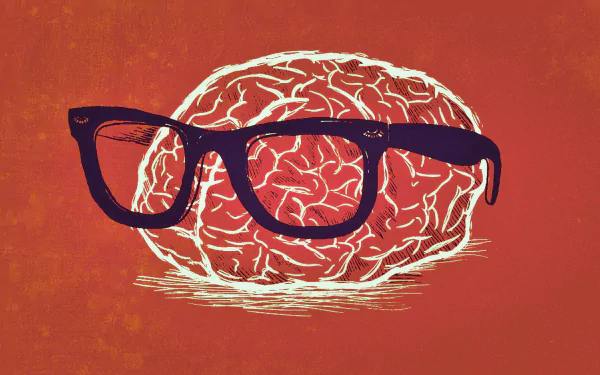 A whimsical HD wallpaper featuring a stylized brain wearing nerdy glasses against an orange background, blending humor and creativity in a unique design.
