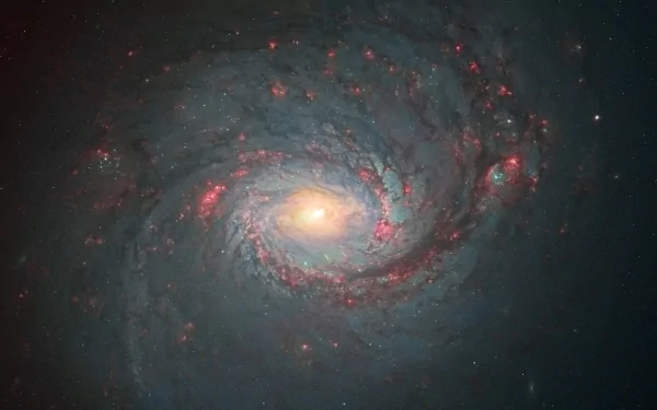 A detailed 4K Ultra HD sci-fi galaxy image showcasing a luminous spiral galaxy with glowing red nebulae and a bright core, designed as a PC desktop wallpaper.