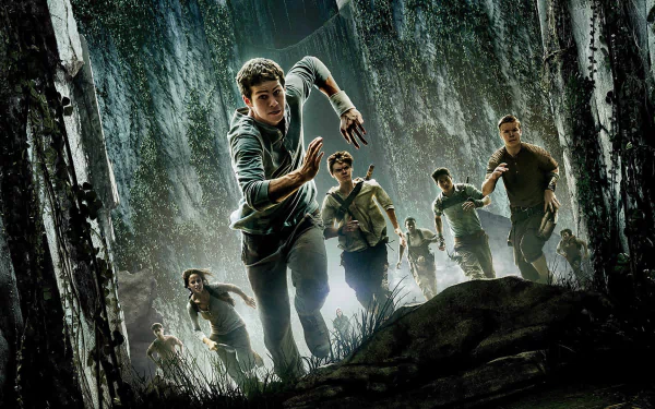 HD PC desktop wallpaper featuring characters running through a dark, towering maze from the movie The Maze Runner.