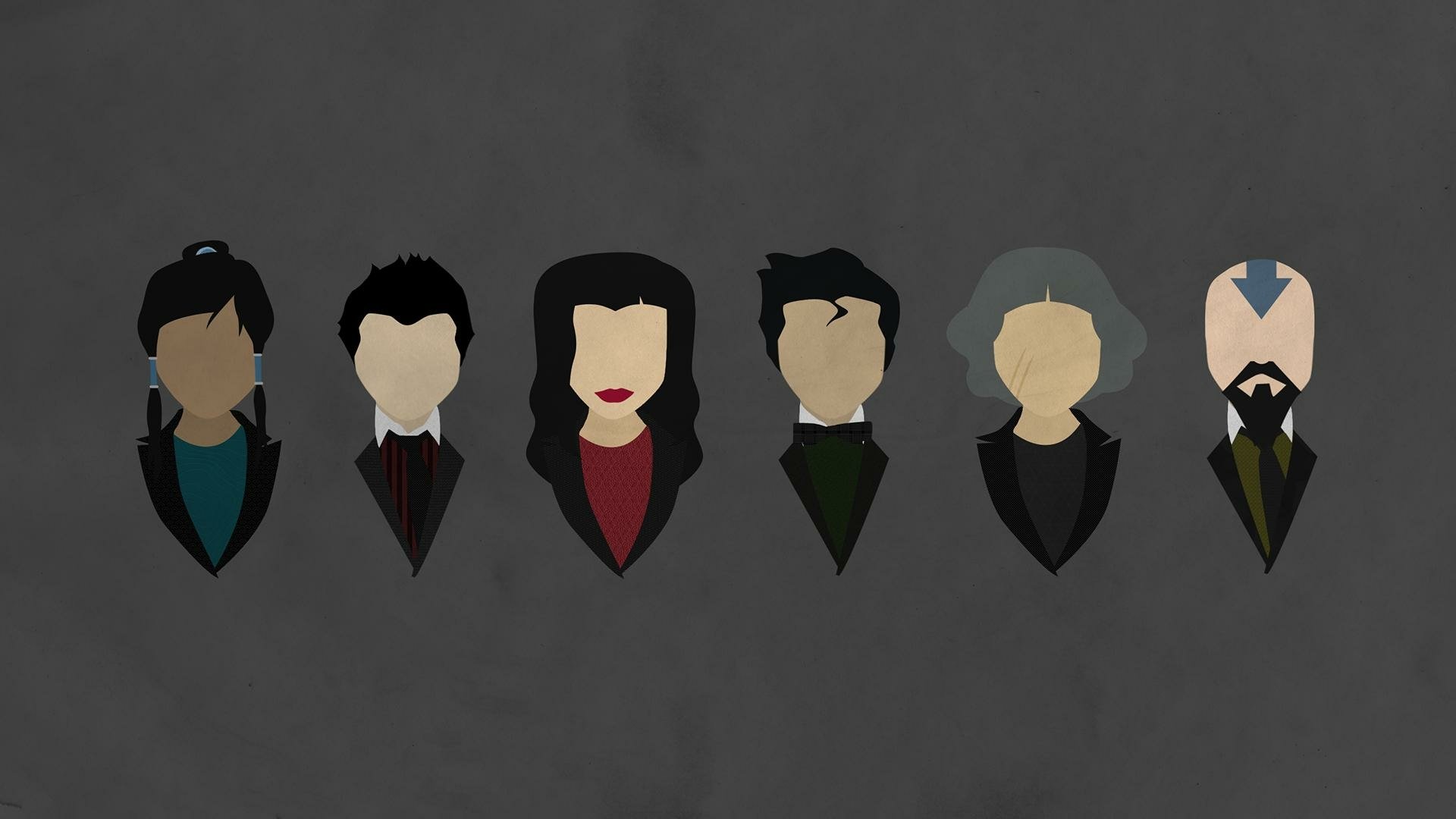 Minimalist anime-style HD PC desktop wallpaper: six stylized head-and-shoulder silhouettes of main characters from Avatar: The Legend Of Korra on a textured dark background.