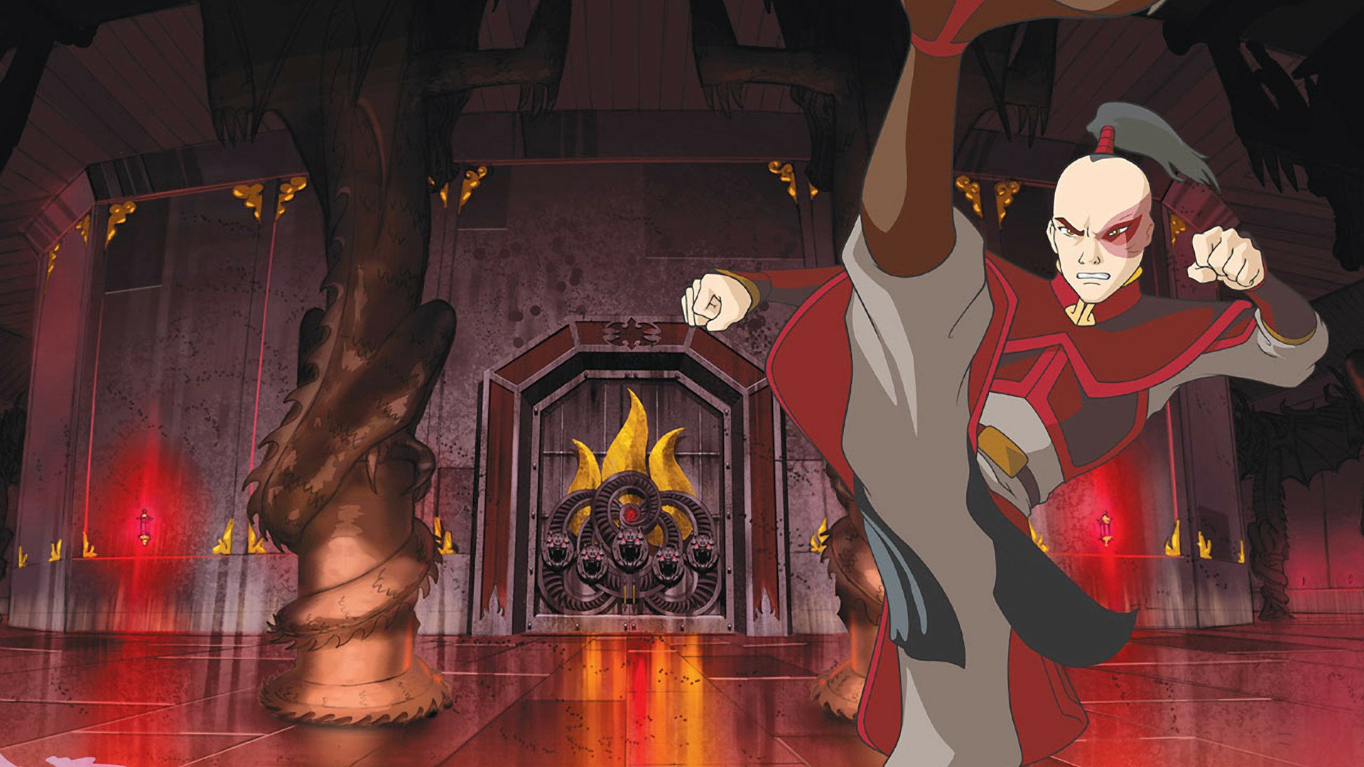 HD anime wallpaper from Avatar: The Last Airbender, depicting Zuko in a fiery, intense battle stance inside a dimly lit, ornate room.