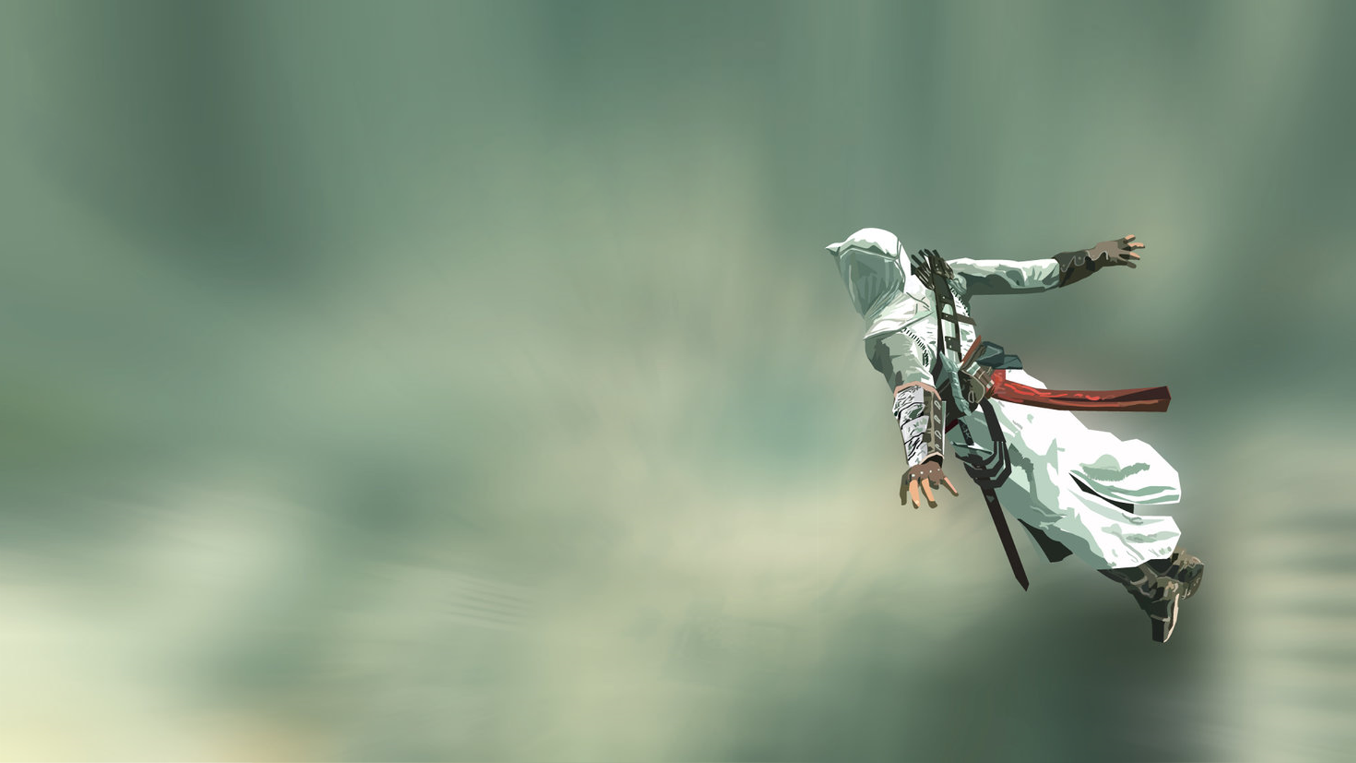 HD PC desktop wallpaper featuring a dynamic scene from the video game Assassin's Creed with the main character mid-leap against a blurred sky background.