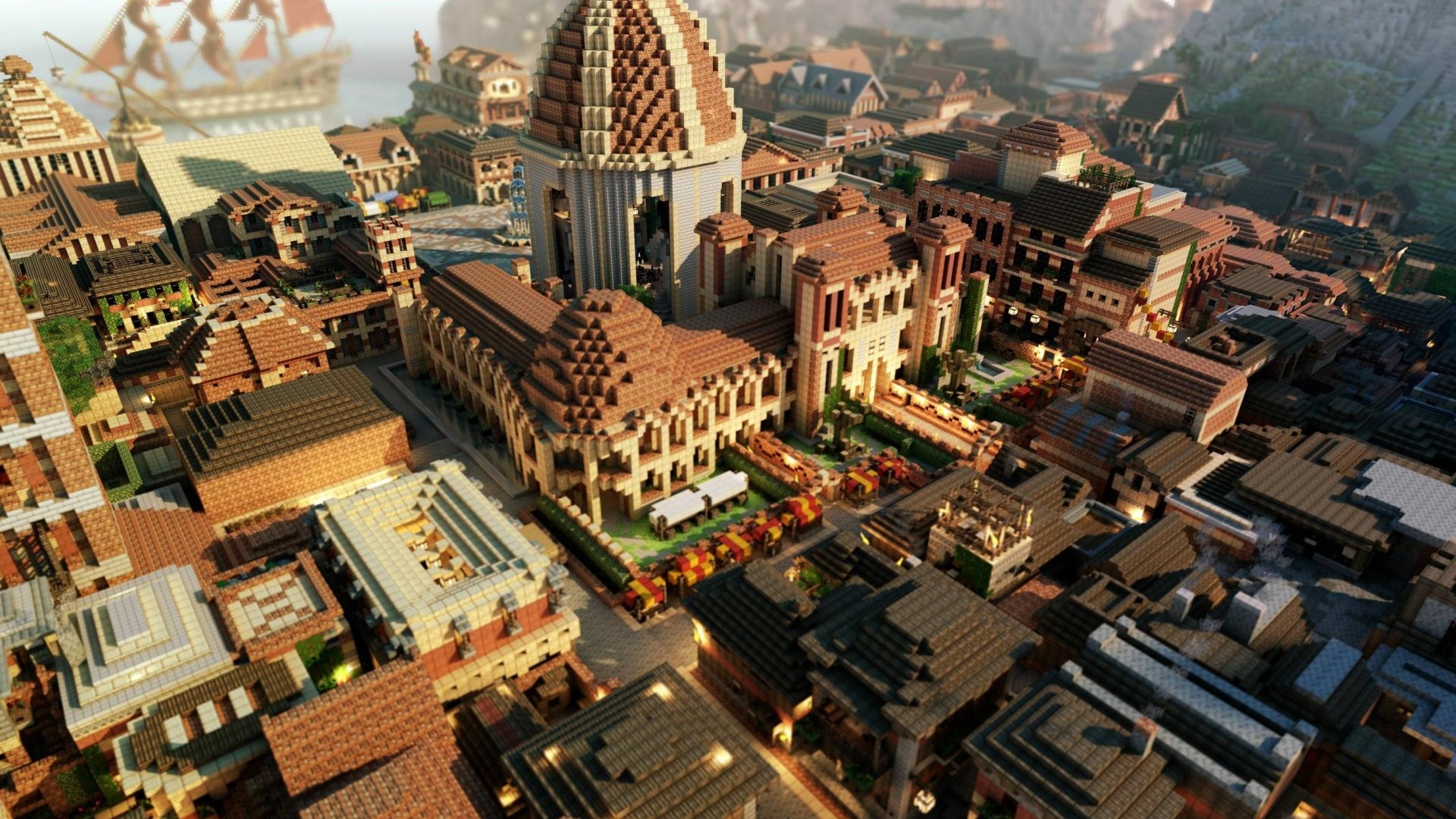 A stunning HD wallpaper showcasing a detailed Minecraft cityscape, featuring intricate buildings and a vibrant layout that captures the essence of the popular video game.