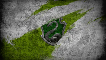 HD desktop wallpaper featuring the Slytherin crest from Harry Potter with a snake emblem on a green and gray grunge background.