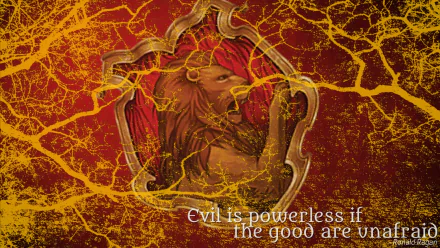 A vibrant HD wallpaper featuring the Gryffindor lion emblem from Harry Potter, highlighted by striking visuals and the quote, Evil is powerless if the good are unafraid.