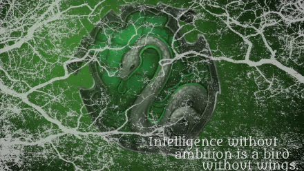A striking HD wallpaper featuring the Slytherin emblem from Harry Potter, adorned with a snake and a quote about ambition, set against a deep green backdrop.