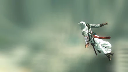 HD PC desktop wallpaper featuring a dynamic scene from the video game Assassin's Creed with the main character mid-leap against a blurred sky background.