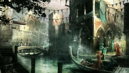 HD PC desktop wallpaper for Assassin's Creed II showing a misty Renaissance Venice canal with gondola, arched buildings, stone bridge and cloaked figures along the waterfront.