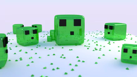 HD desktop wallpaper featuring Minecraft-themed green cubes in various sizes on a light purple background.