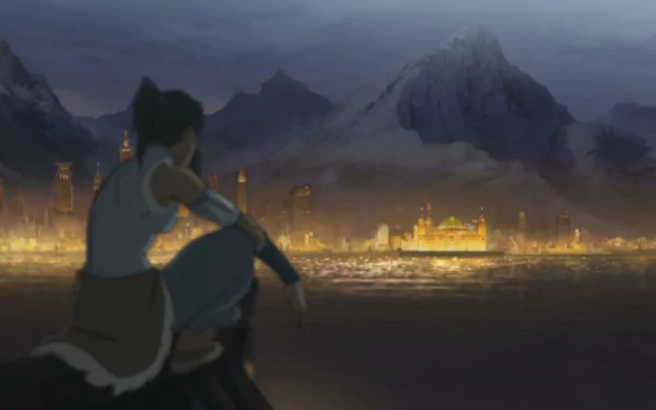 A scenic HD wallpaper from The Legend of Korra, featuring Korra gazing over a shimmering city at night, surrounded by majestic mountains and a tranquil atmosphere.