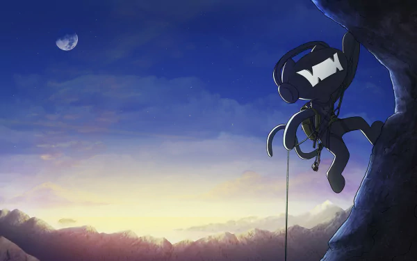 A vibrant HD PC desktop wallpaper featuring a Monstercat character climbing a rocky cliff against a stunning sunset backdrop, embodying adventure and music spirit.
