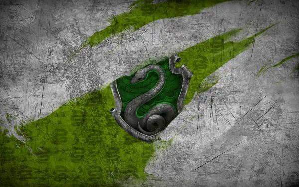 HD desktop wallpaper featuring the Slytherin crest from Harry Potter with a snake emblem on a green and gray grunge background.