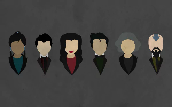 Minimalist anime-style HD PC desktop wallpaper: six stylized head-and-shoulder silhouettes of main characters from Avatar: The Legend Of Korra on a textured dark background.