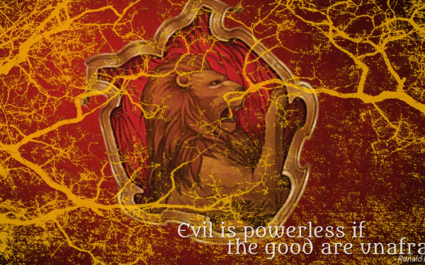 A vibrant HD wallpaper featuring the Gryffindor lion emblem from Harry Potter, highlighted by striking visuals and the quote, Evil is powerless if the good are unafraid.