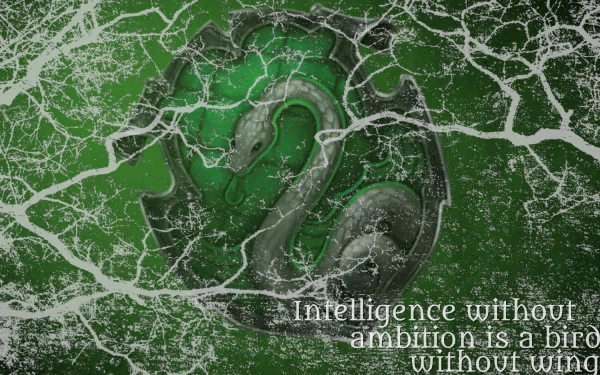 A striking HD wallpaper featuring the Slytherin emblem from Harry Potter, adorned with a snake and a quote about ambition, set against a deep green backdrop.