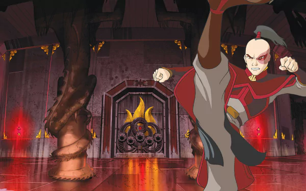 HD anime wallpaper from Avatar: The Last Airbender, depicting Zuko in a fiery, intense battle stance inside a dimly lit, ornate room.