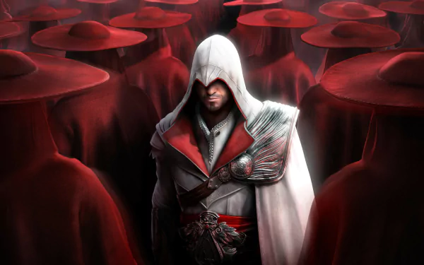 Video game HD PC desktop wallpaper and background from Assassin's Creed: Brotherhood, showing a hooded white-robed assassin standing amid a sea of red-caped figures.