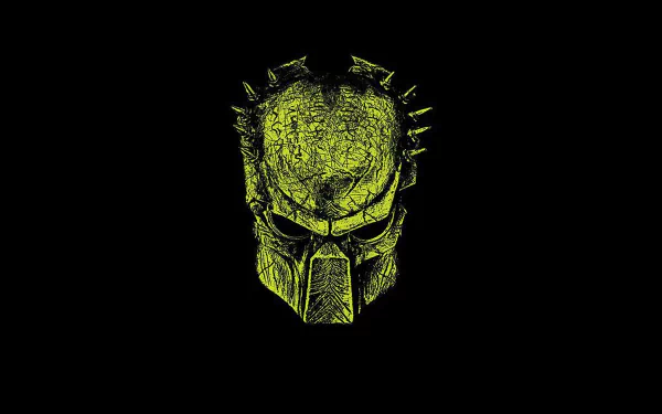 A detailed sci-fi HD PC desktop wallpaper featuring a glowing green Predator helmet with a wolf-like design and spiked details.