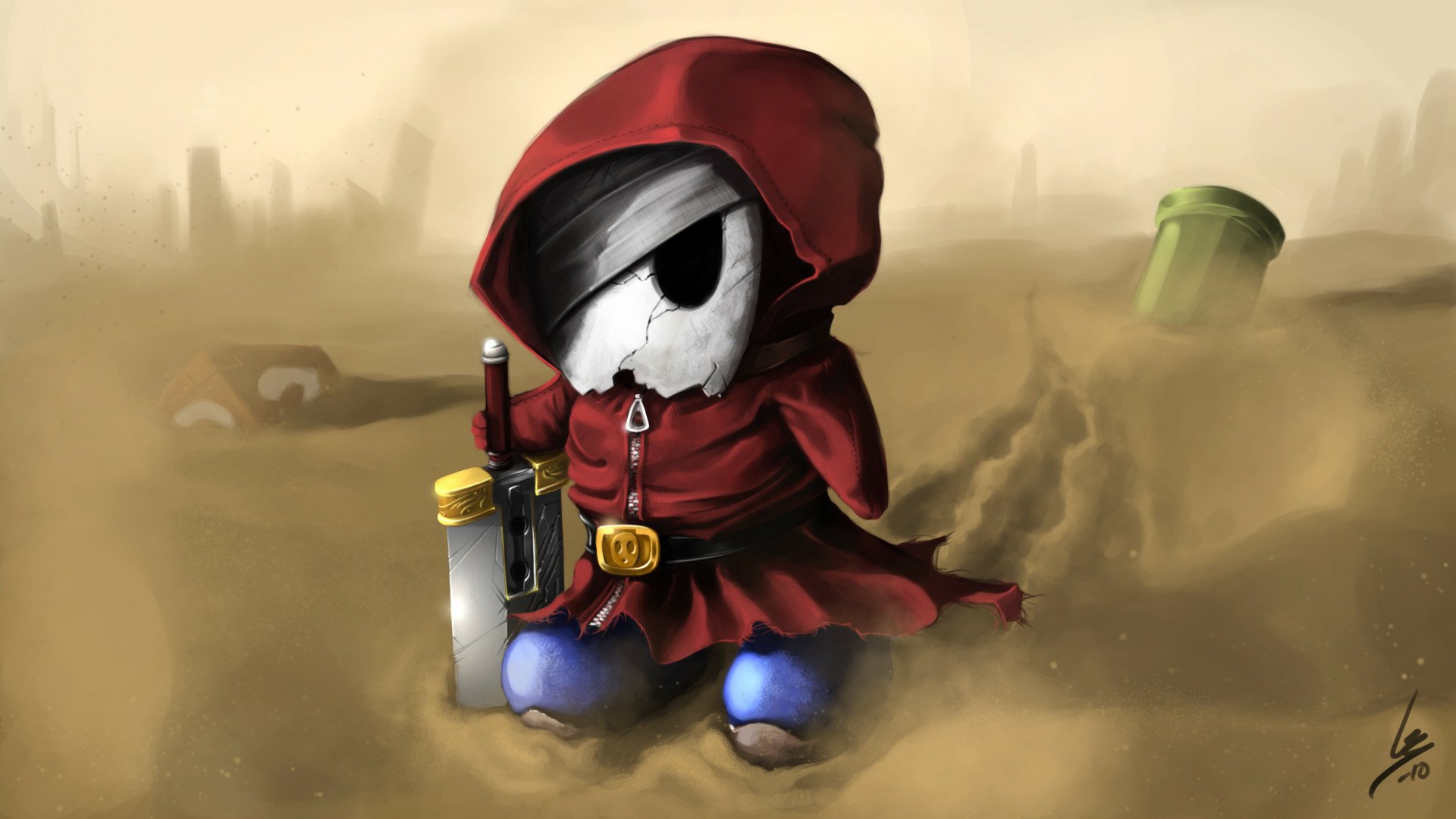 HD PC desktop wallpaper featuring a dark, stylized character from Super Mario Bros. in a red hooded cloak with a smoky, desolate background.