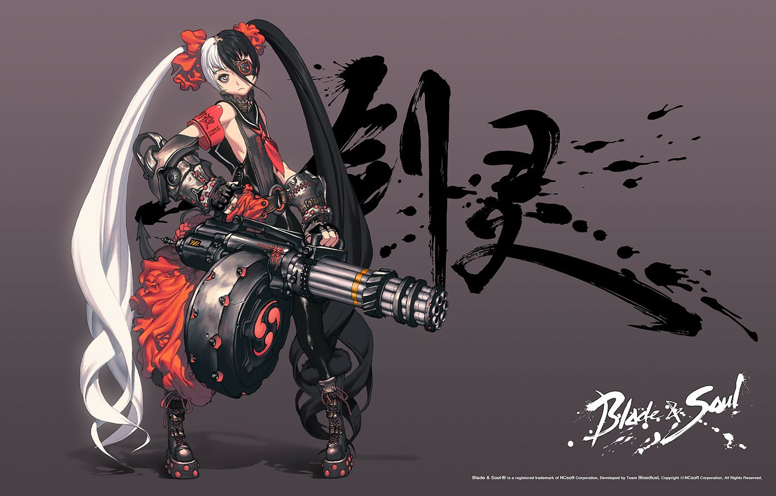 HD PC desktop wallpaper featuring a dynamic female character from the video game Blade & Soul, wielding a large mechanical weapon against a gray background with stylized calligraphy.