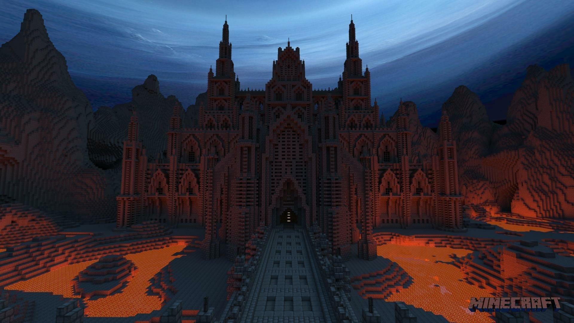 Minecraft HD desktop wallpaper featuring an impressive, detailed castle structure surrounded by mountains and lava, set under a twilight sky.