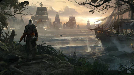 A captivating HD wallpaper from Assassin's Creed IV: Black Flag, featuring an assassin overlooking a misty harbor filled with ships against a dramatic sunset sky.
