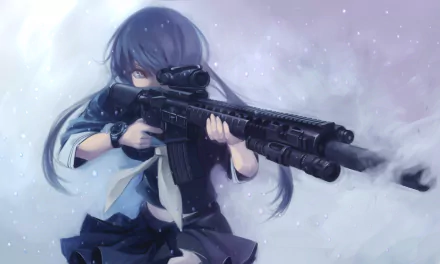 HD desktop wallpaper featuring an anime character holding an M16 rifle amidst a misty background.