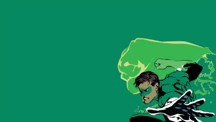 Comic-style Green Lantern lunging right, projecting a glowing green energy fist against a wide green field — HD PC desktop wallpaper.